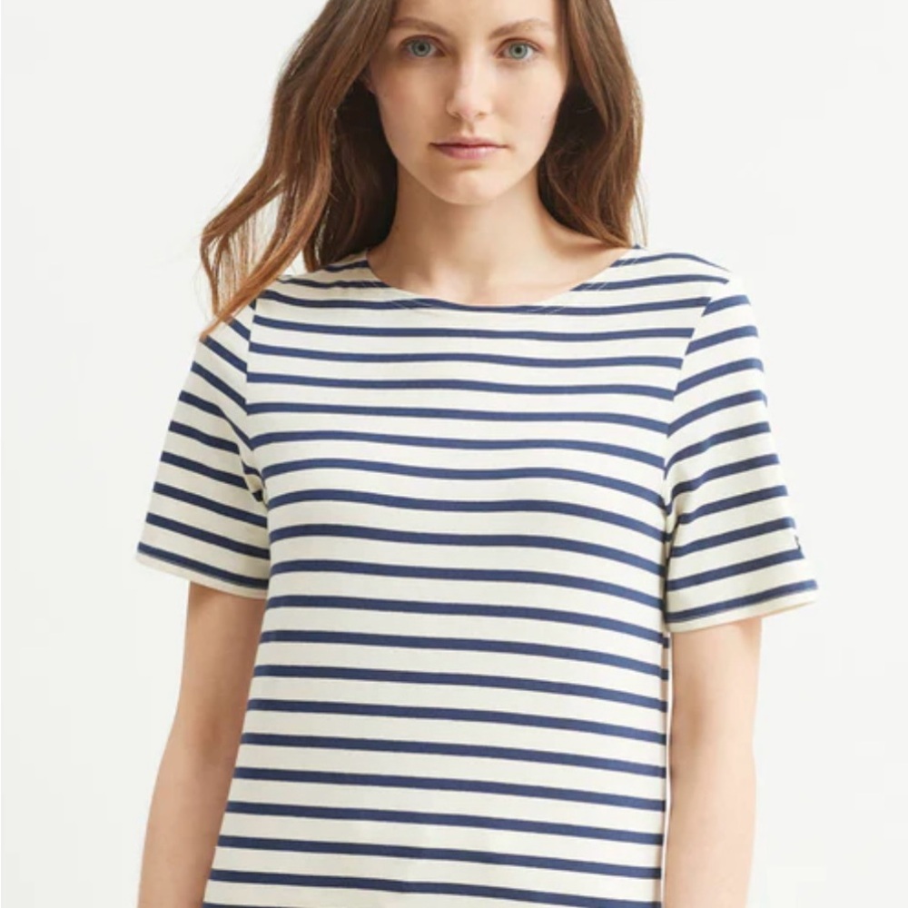 Saint James Levant Modern shirt, Ecru/Navy Breton Stripe, Unisex, size medium